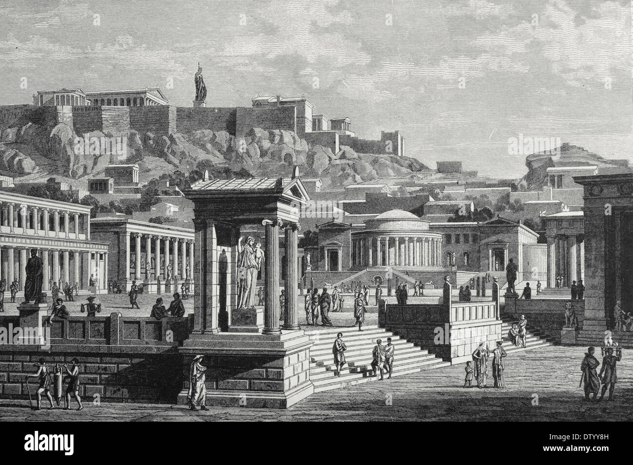 Athens. Agora or marketplace. Engraving by J. Buhlmann, 1881. Stock Photo