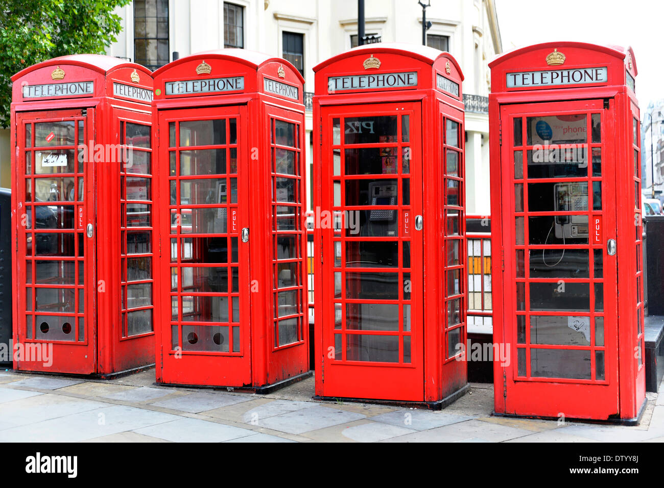 Red telephone boxes in the city of London, London region, England, United Kingdom Stock Photo