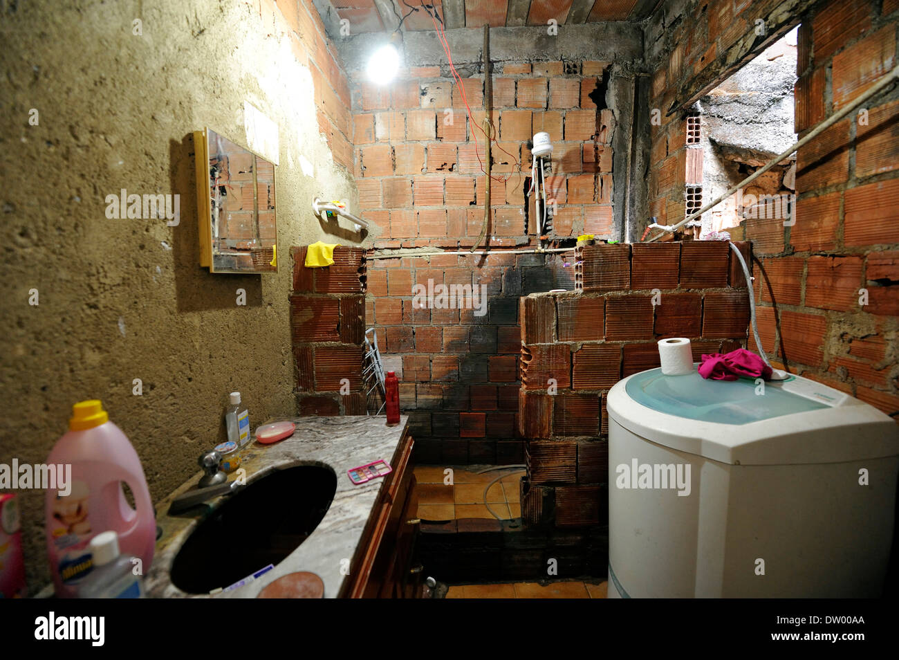 Interior view of a home, bathroom, in the slums, Favela Cerro Corá, Rio de Janeiro, Brazil Stock Photo