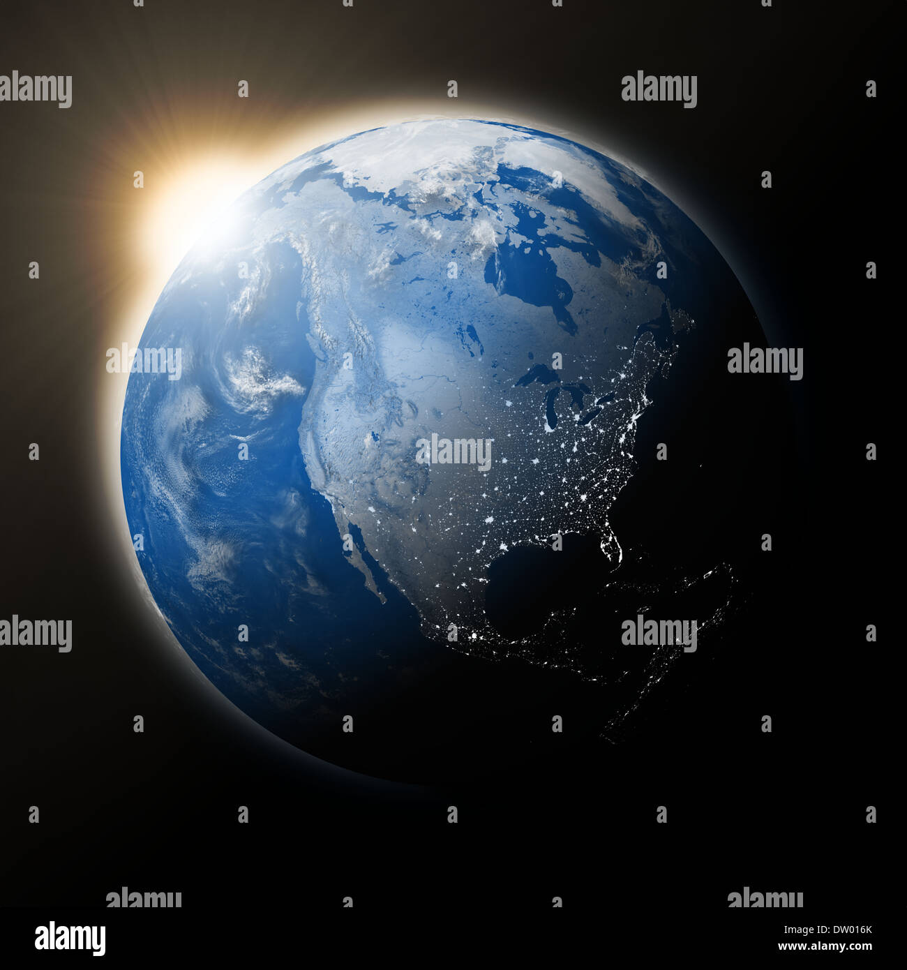 Sun over North America on blue planet Earth isolated on black ...