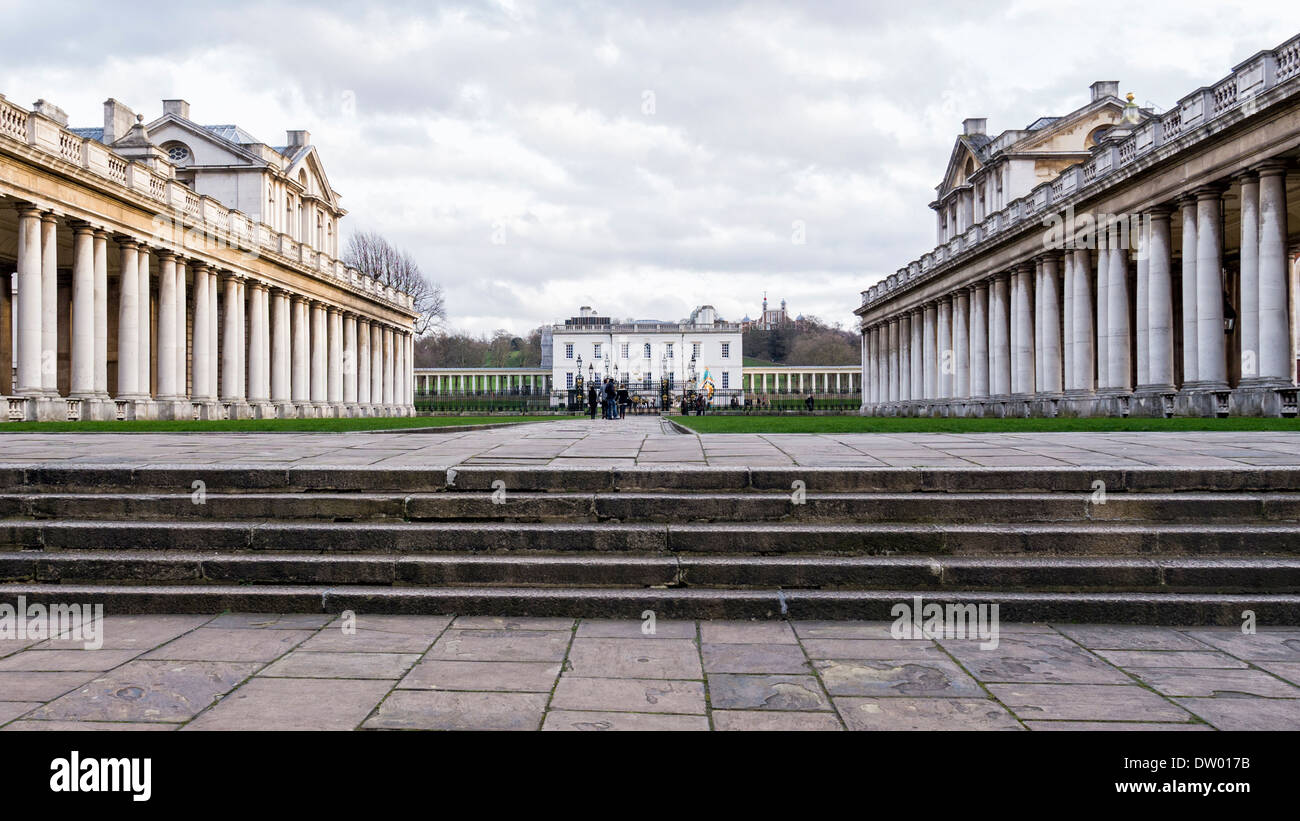 Panoramic view of Old Royal Navy College buildings, Queen's House and Royal Observatory at Greenwich, London, UK Stock Photo