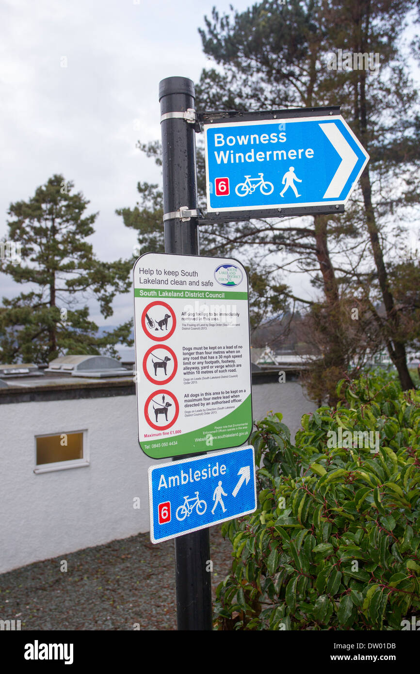 Bowness Windermere & Ambleside sign cycle and walking Stock Photo Alamy
