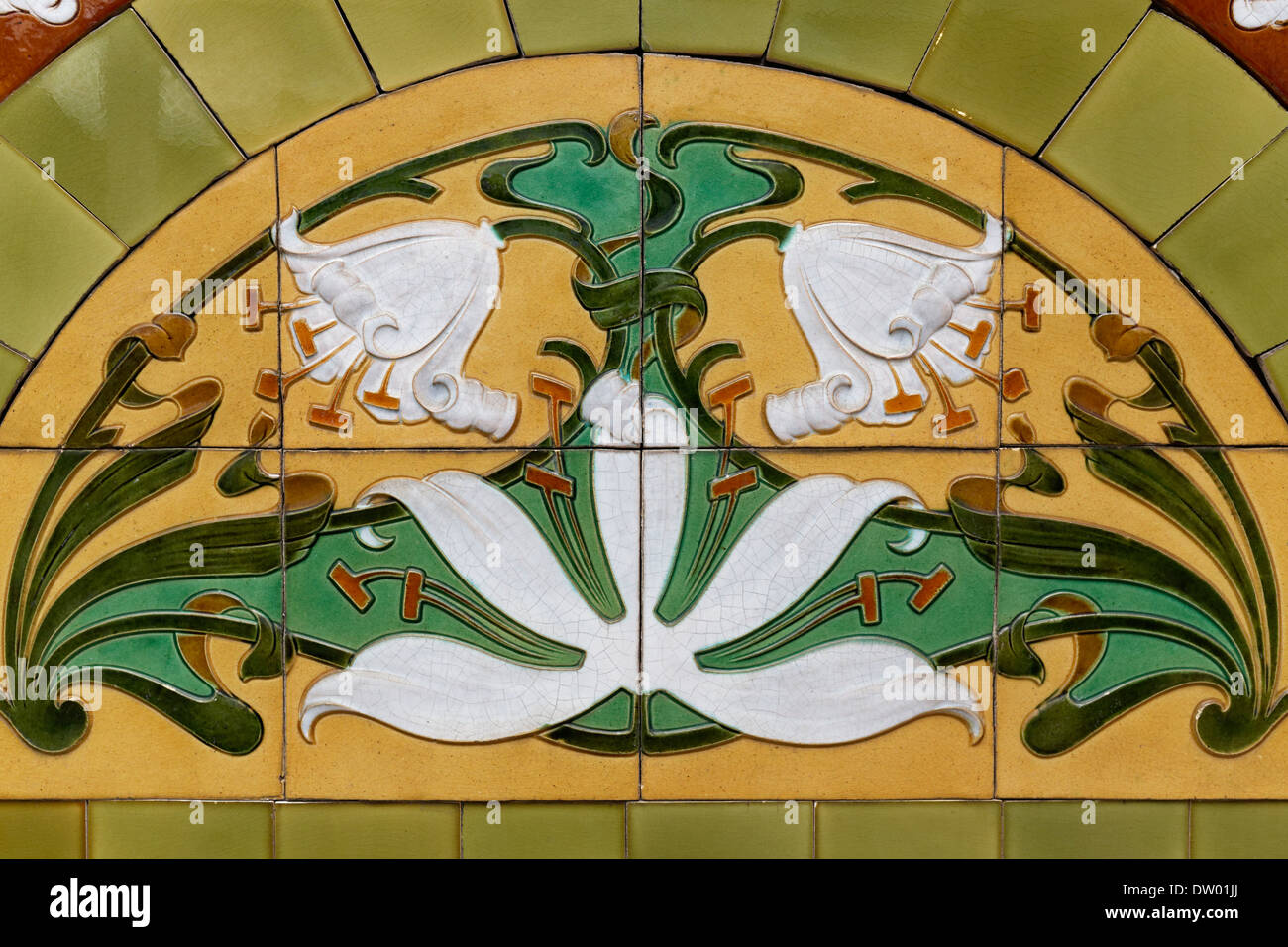Art Deco tiled image with lilies, Blankenberge, West Flanders, Belgium Stock Photo