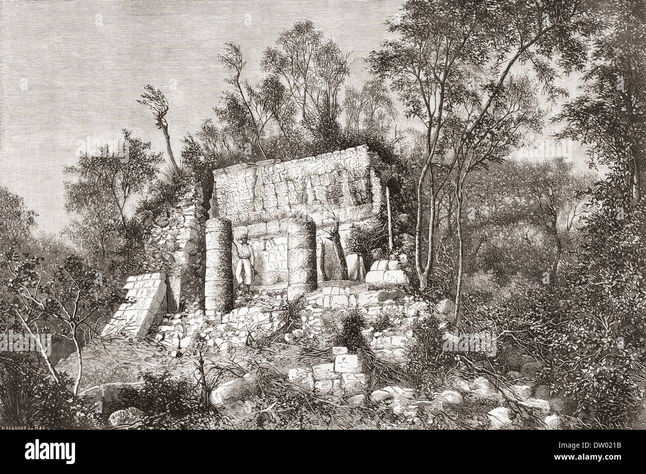 The Ball Court, Chichén Itzá, Yucatan, Mexico in the 19th century before restoration. Stock Photo