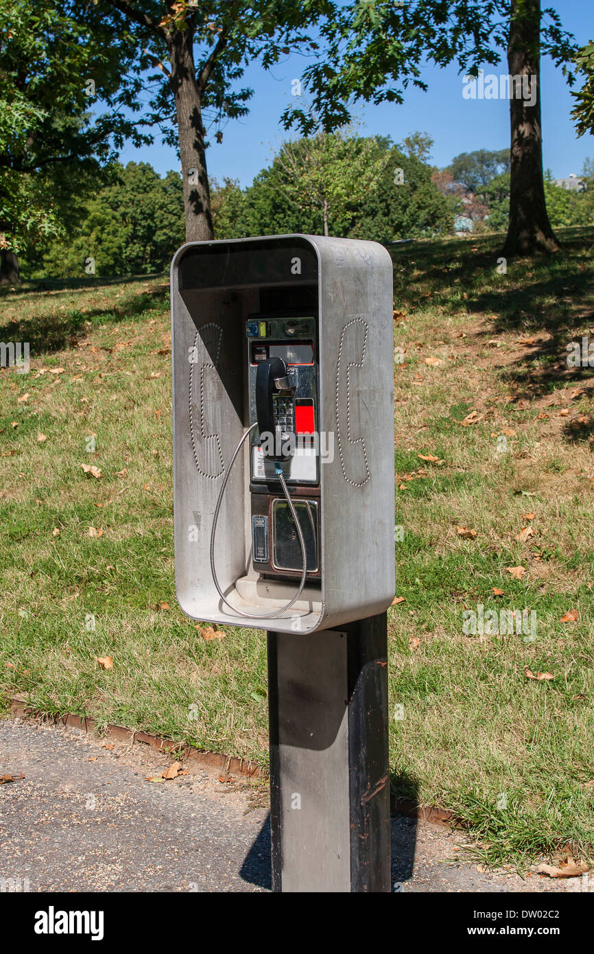 Public phone booth in a park in Washington DC. Stock Photo