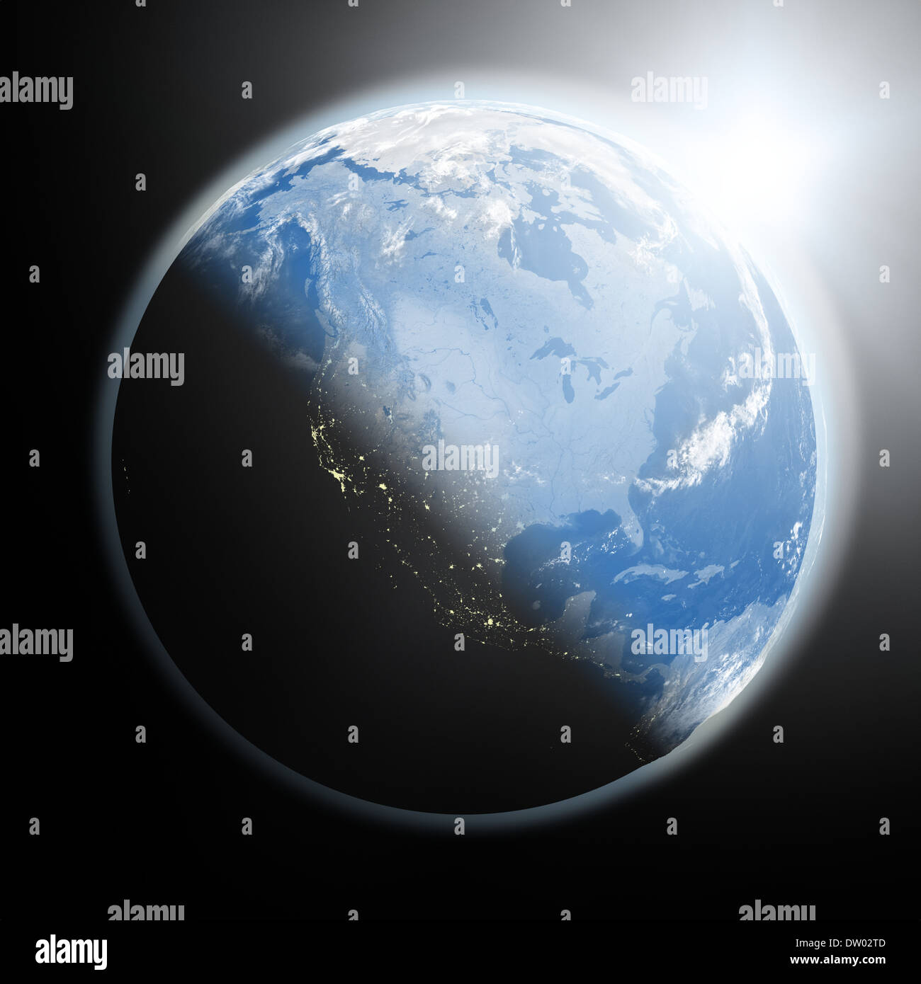 Space view of the sun rising over North America on blue planet Earth ...
