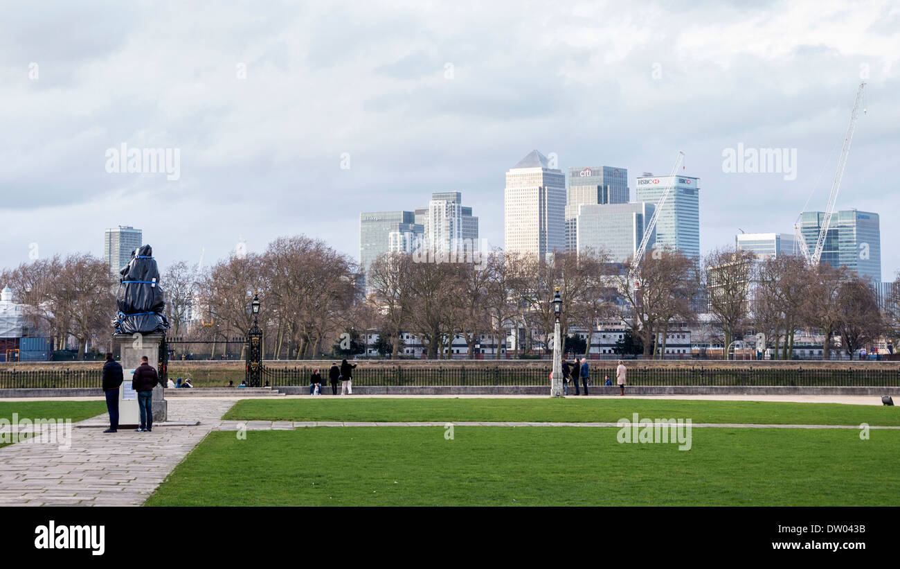 Panoramic View of Canary Wharf skyscrapers - Banking centre and financial district from Greenwich, London, UK Stock Photo