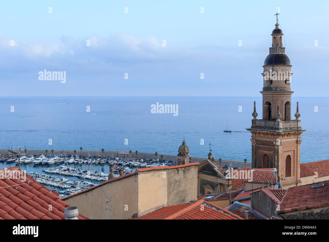 View over the red rooftops towards Saint Michel Cathedral, Monastery of Menton, Menton, Provence-Alpes-Côte d’Azur, France Stock Photo
