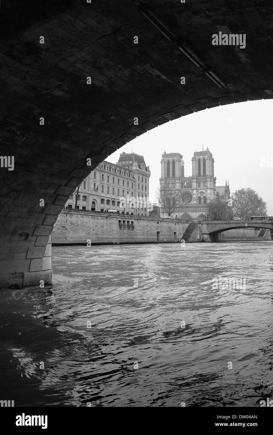 Seine, Paris, Notre Dame, Black and White Stock Photo