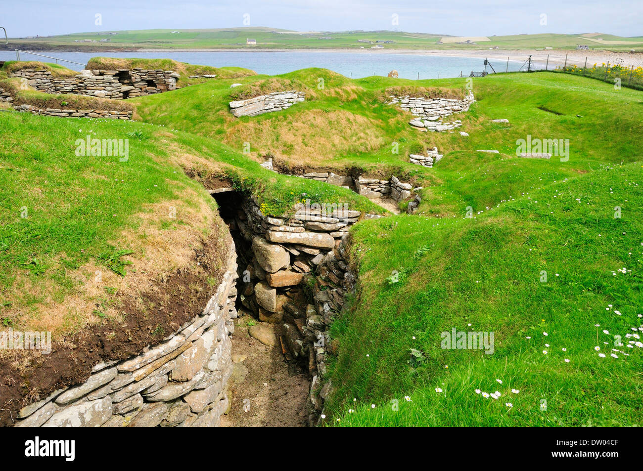 Excavation site at the Neolithic settlement of Skara Brae, Mainland, Orkney, Scotland, United Kingdom Stock Photo