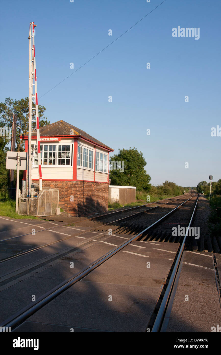old signal box and railway crossing, Whissendine station, Rutland Stock Photo
