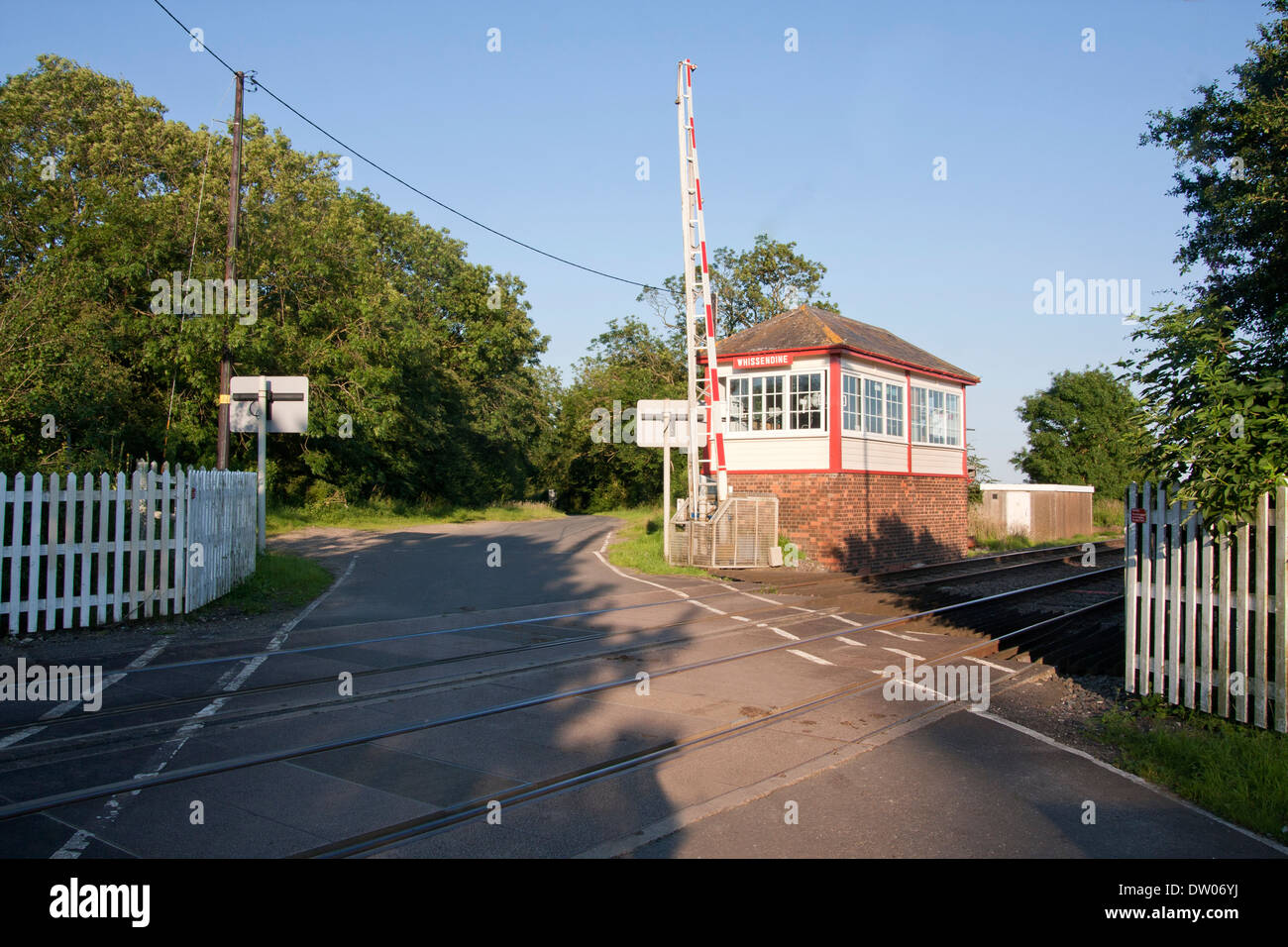 old signal box and railway crossing, Whissendine station, Rutland Stock Photo