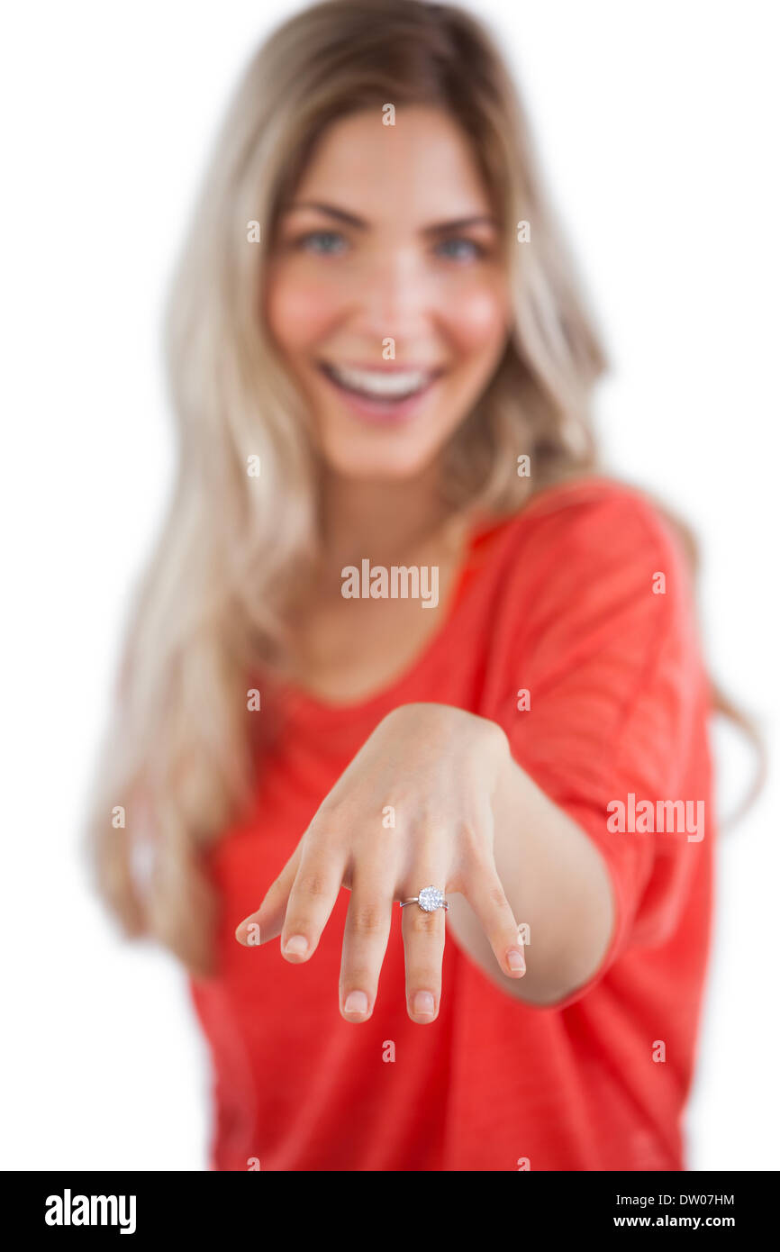 Young woman showing her engagement ring Stock Photo Alamy