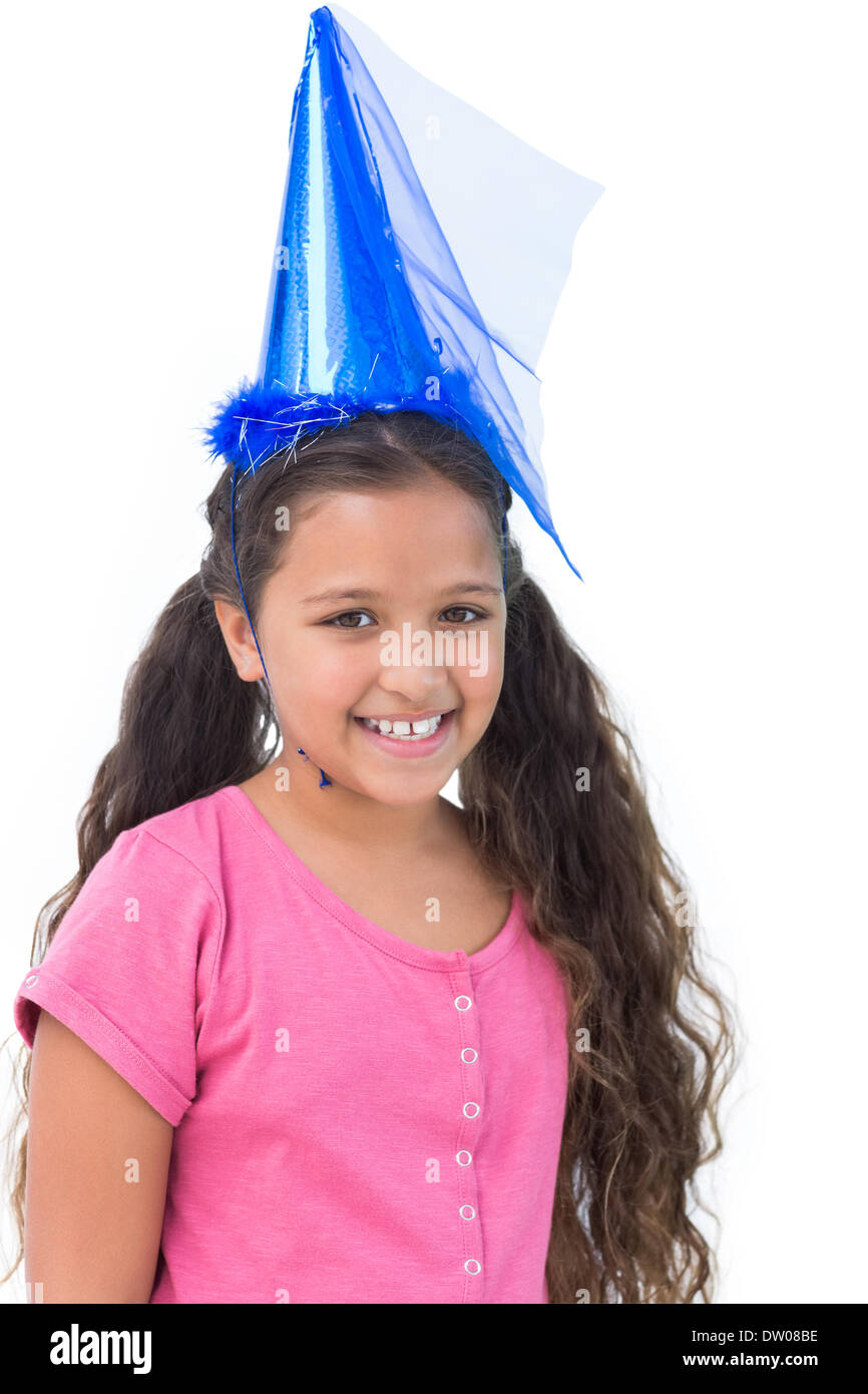 Little girl wearing blue hat for a party Stock Photo Alamy