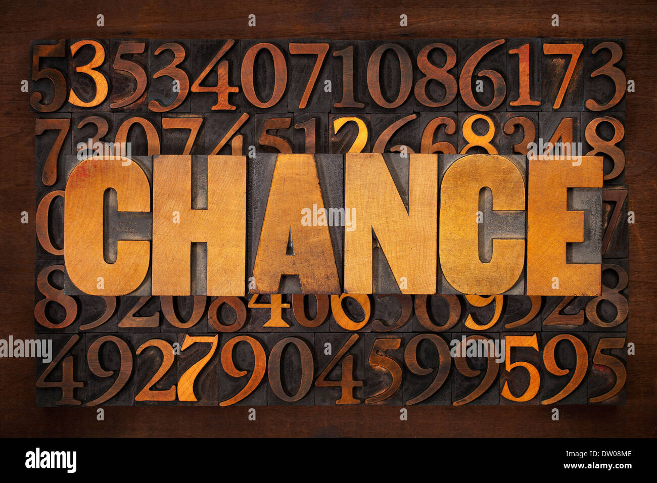 chance word in letterpress wood type against data numbers background - opportunity and risk concept Stock Photo