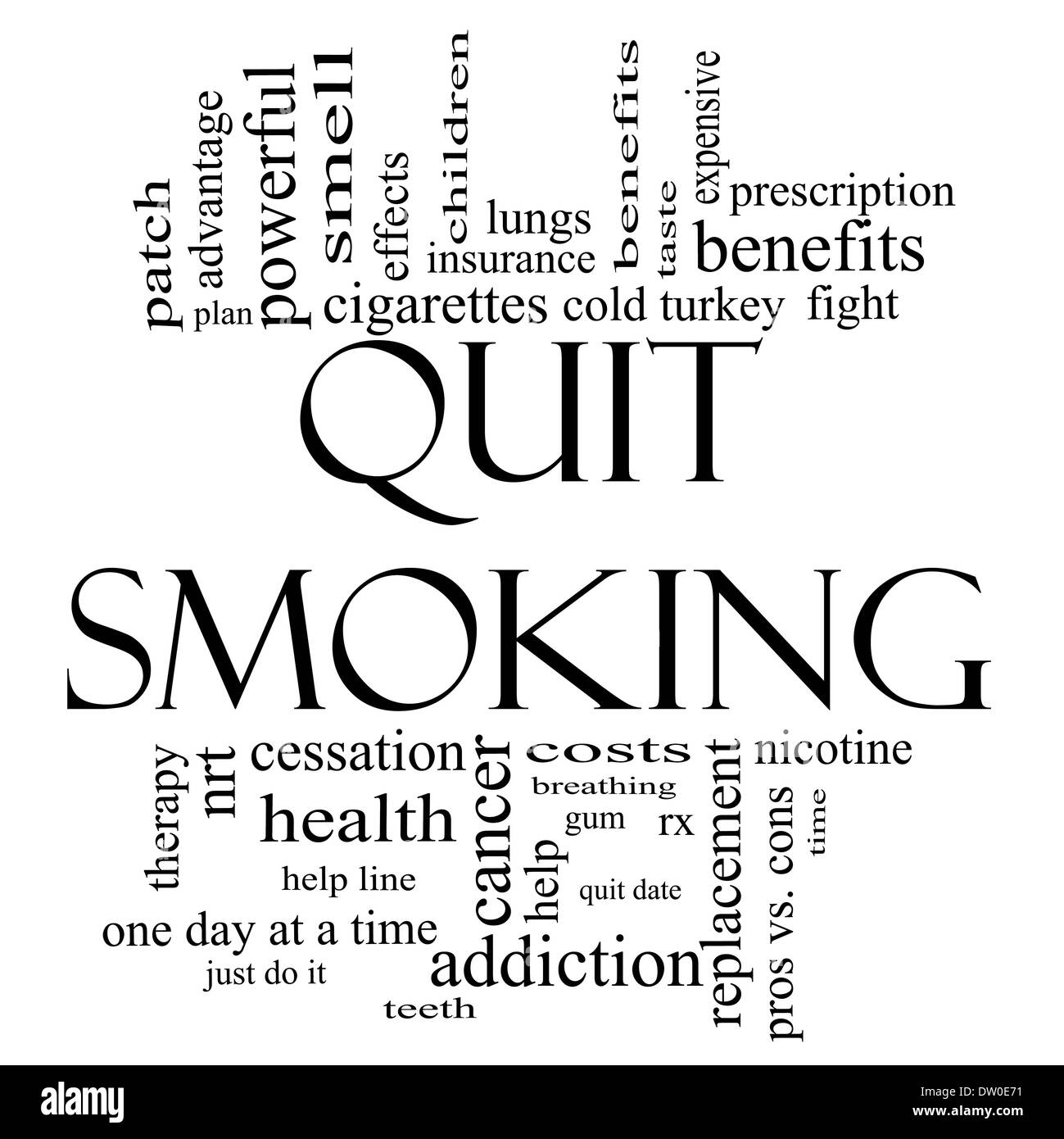 Quit Smoking Word Cloud Concept in black and white with great terms such as nicotine, cold turkey, quit date, patch and more. Stock Photo