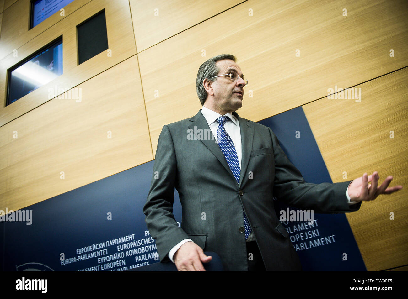 Antonis SAMARAS, Prime Minister of Greece leaves the press room after conference to announce the establishment of the High Level Group on Own Resources at European Parliament headquarters in Strasbourg, France on 25.02.2014 Stock Photo