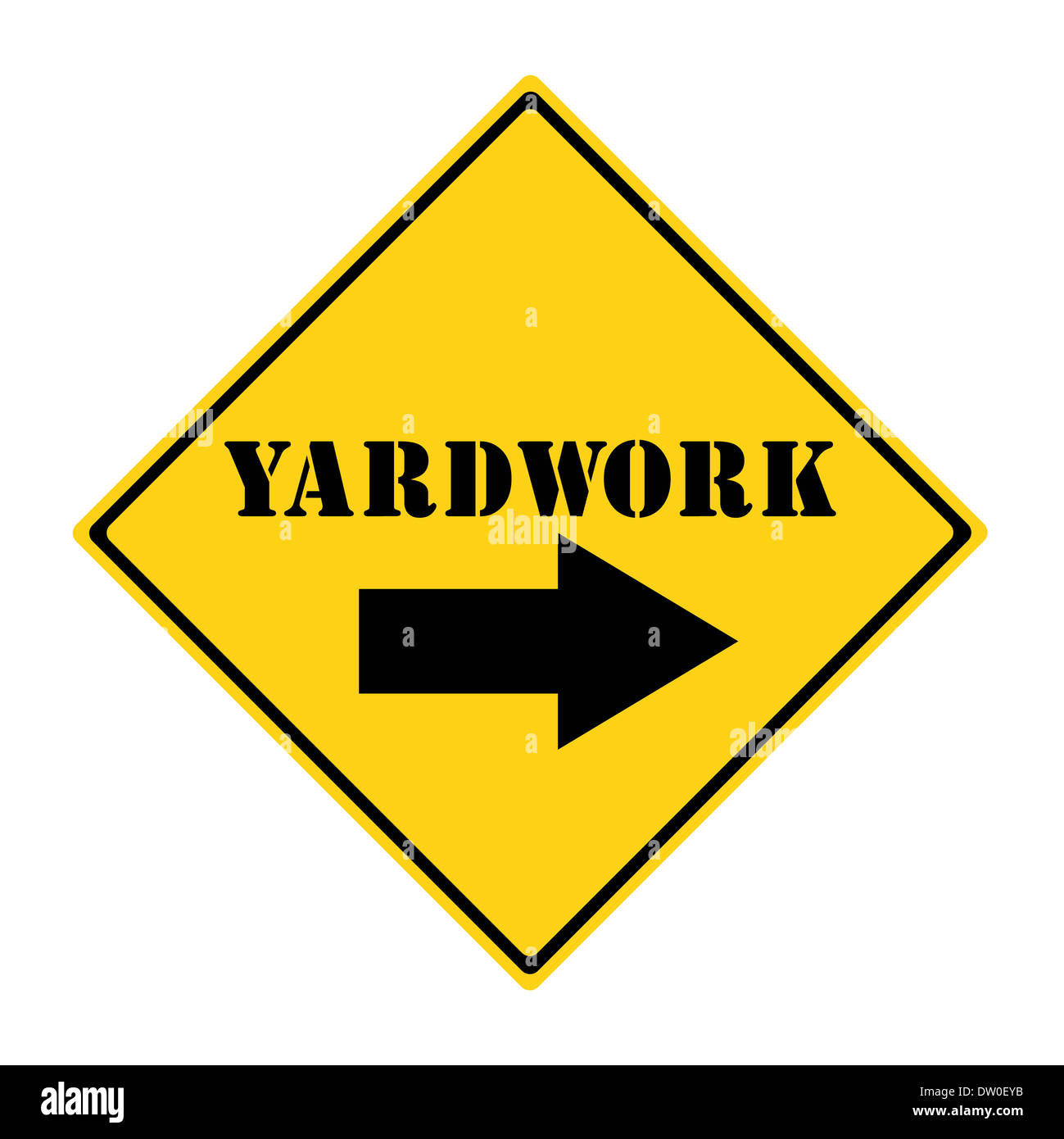 A yellow and black diamond shaped road sign with the word YARDWORK and an arrow pointing the way making a great concept. Stock Photo