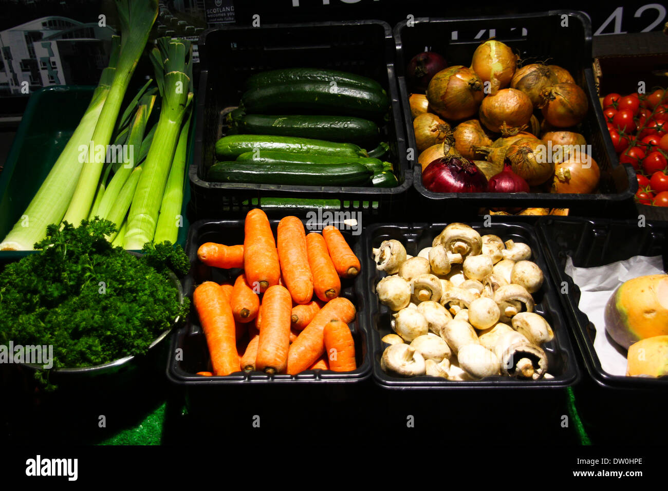 Fruit and veg display in shop Stock Photo