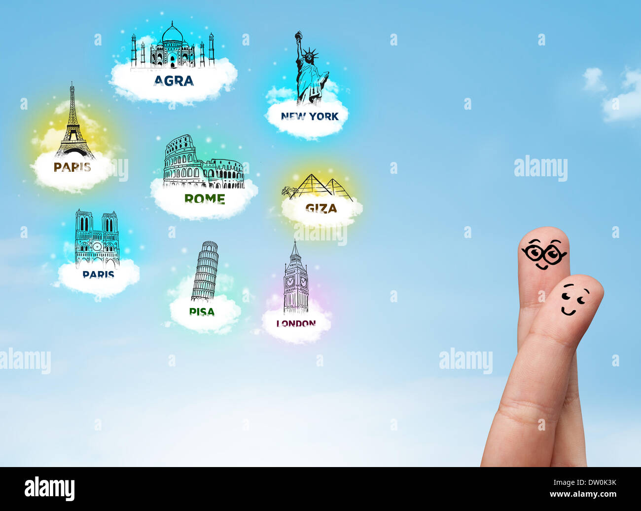 Cheerful finger smileys with sightseeing landmarks icons Stock Photo ...