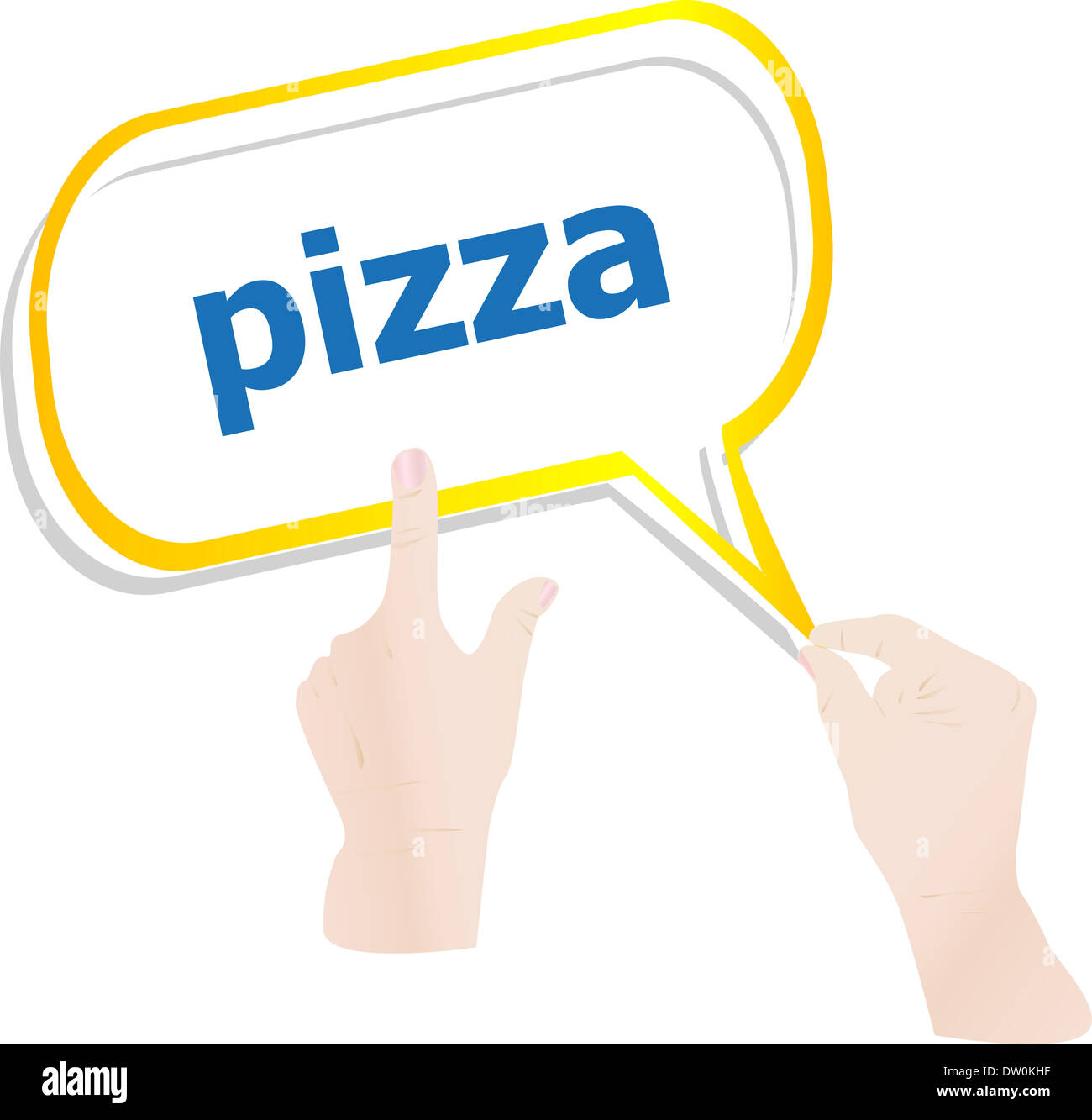 hands push word pizza on speech bubbles Stock Photo Alamy