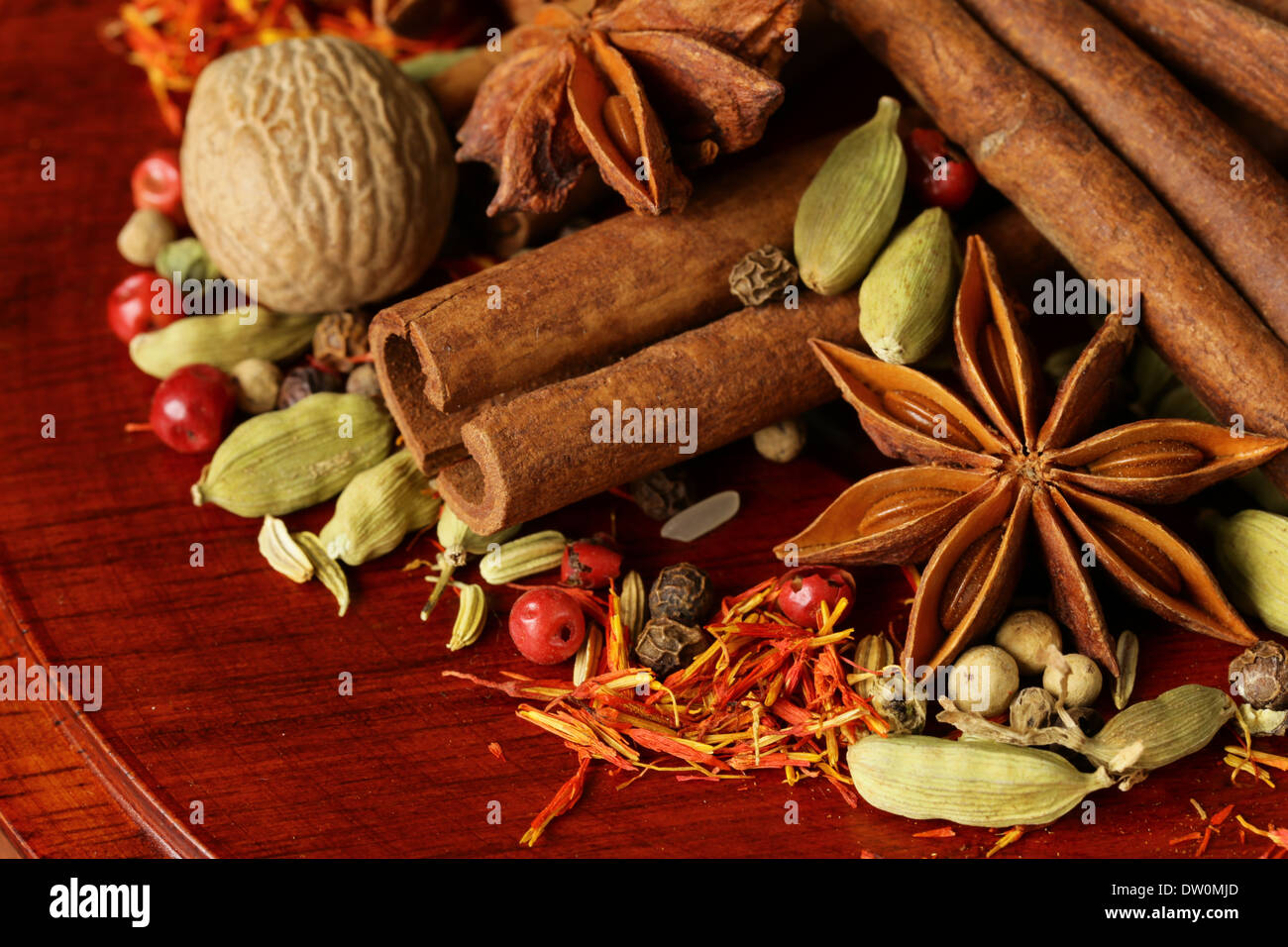 various spices (nutmeg, cinnamon, star anise, saffron, pepper, cardamom, fennel Stock Photo Alamy