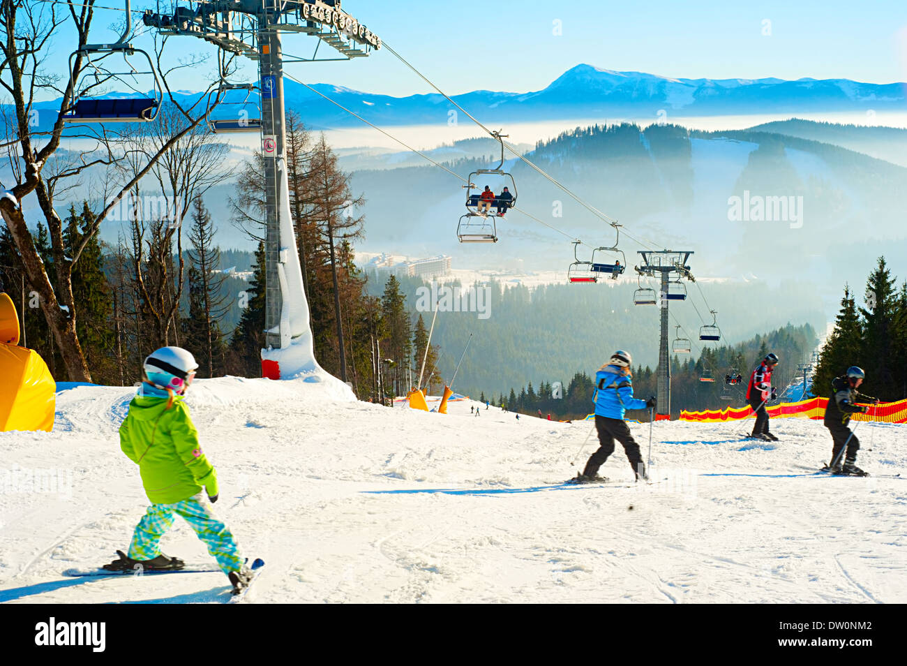 Ski track with chair lift, Bukovel resort, Carpathian mountains ...