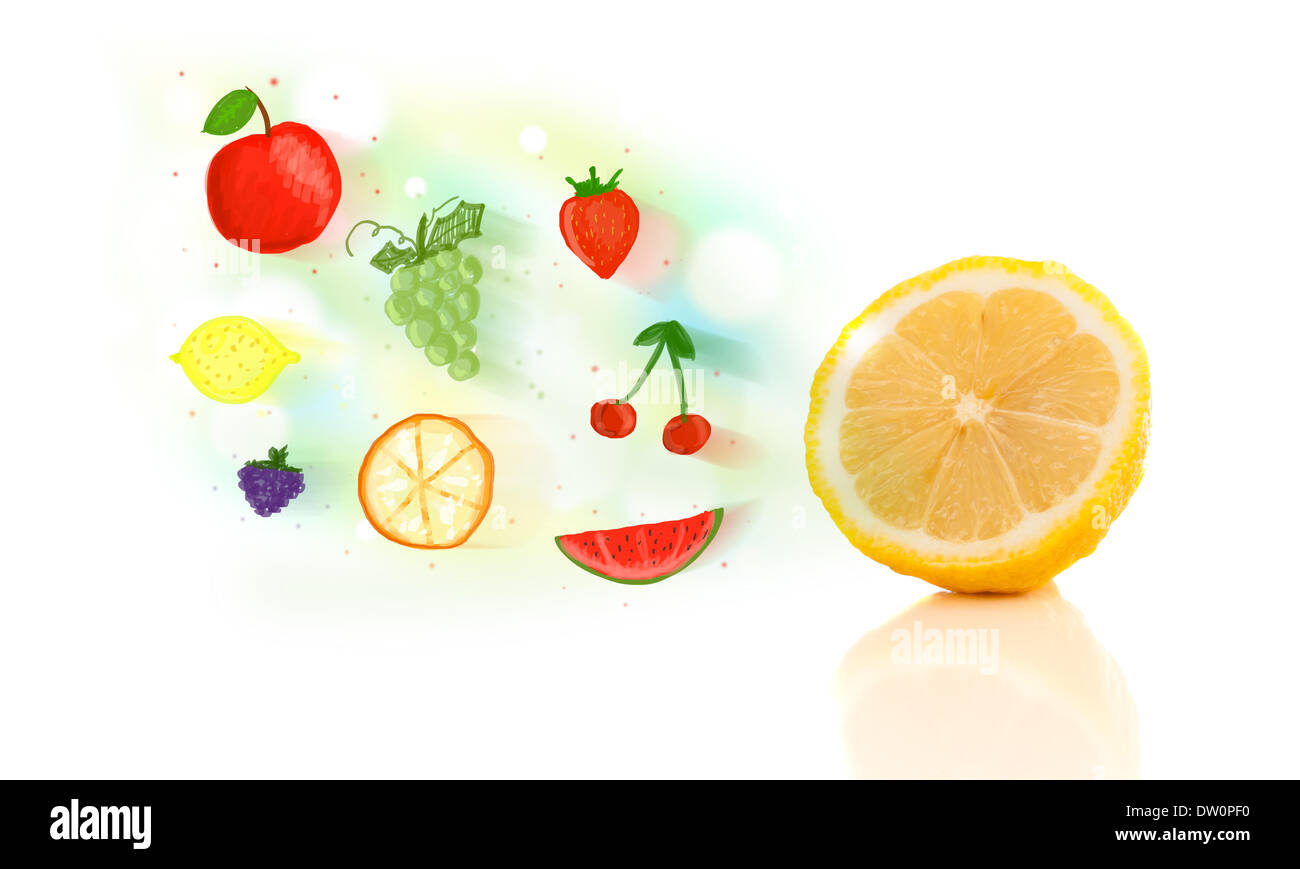 Colorful fruits with hand drawn illustrated fruits Stock Photo - Alamy