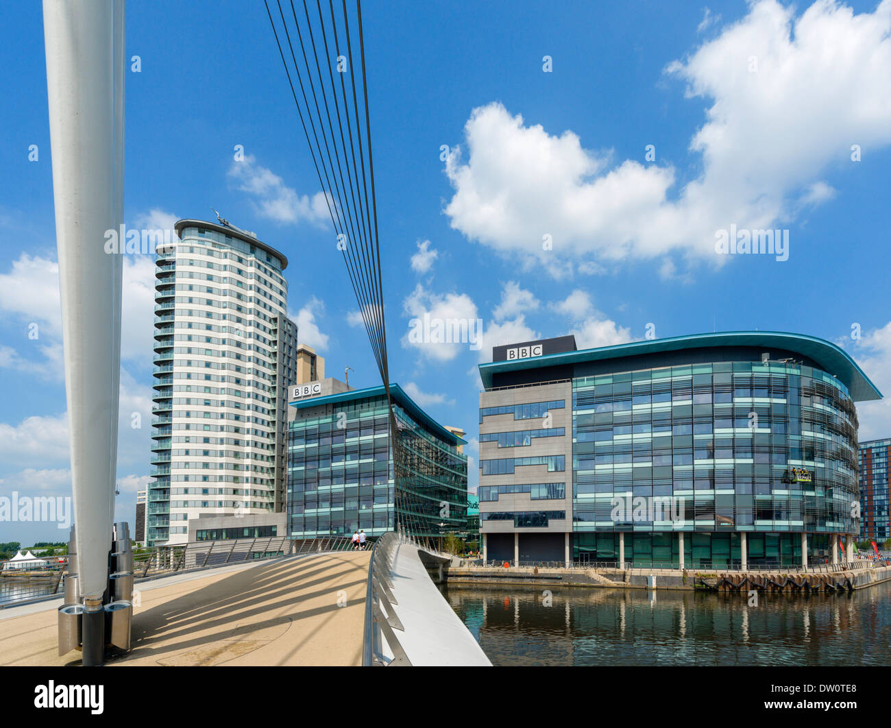 Footbridge across to BBC Studios in MediaCityUK with Quay House to right and Bridge House to left, Salford Quays, Manchester, UK Stock Photo