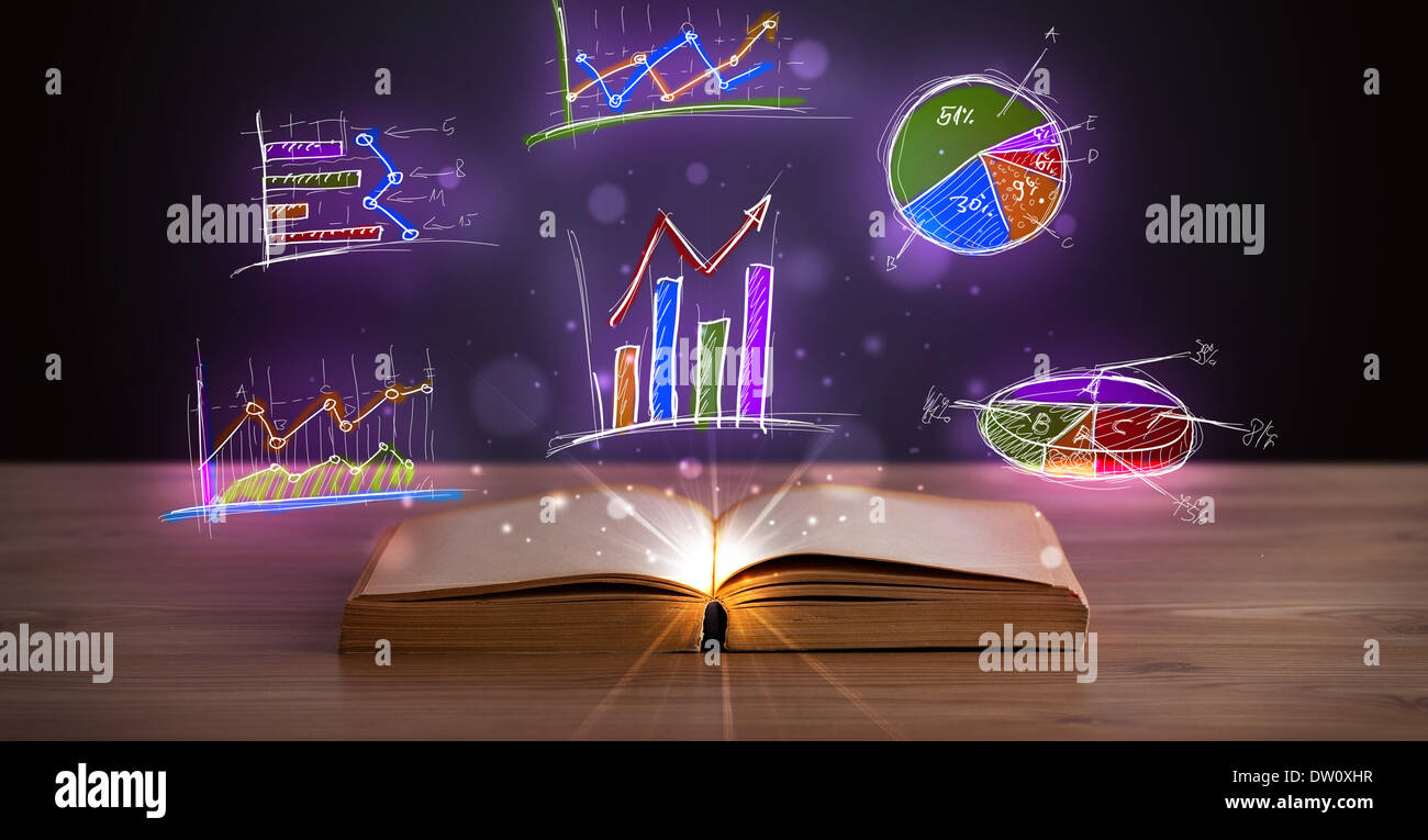 Book on wooden deck with glowing graph illustrations Stock Photo - Alamy