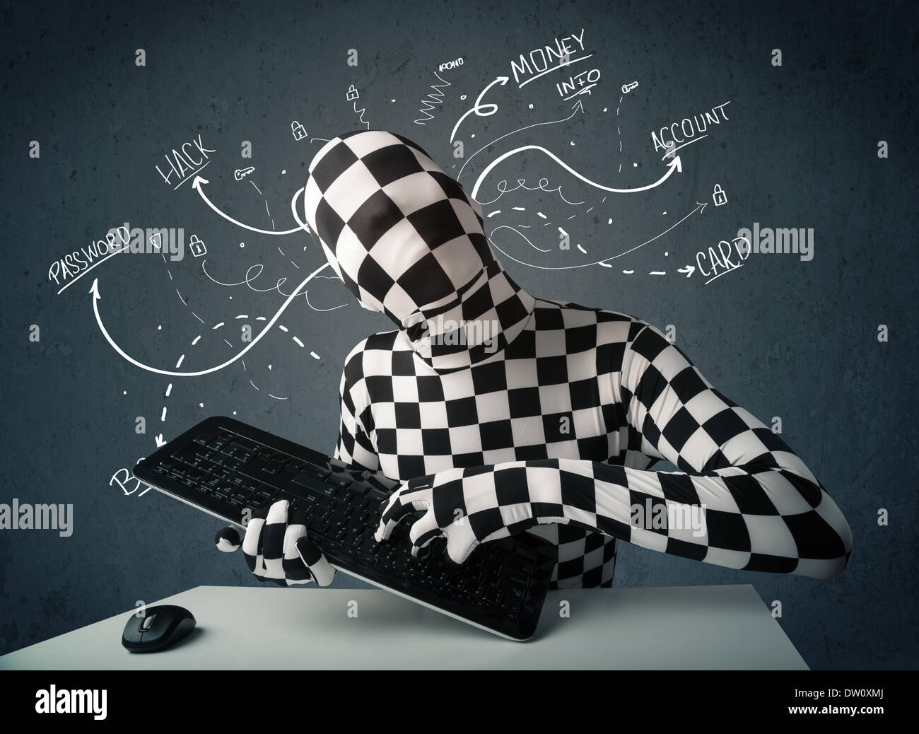 Morphsuit hacker with white drawn line thoughts Stock Photo