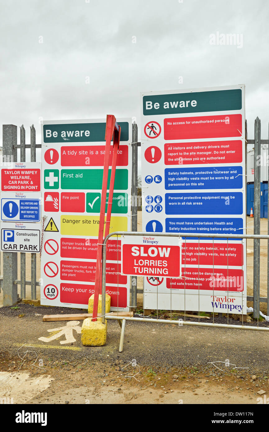 Health and Safety Warning signs on construction site Stock Photo