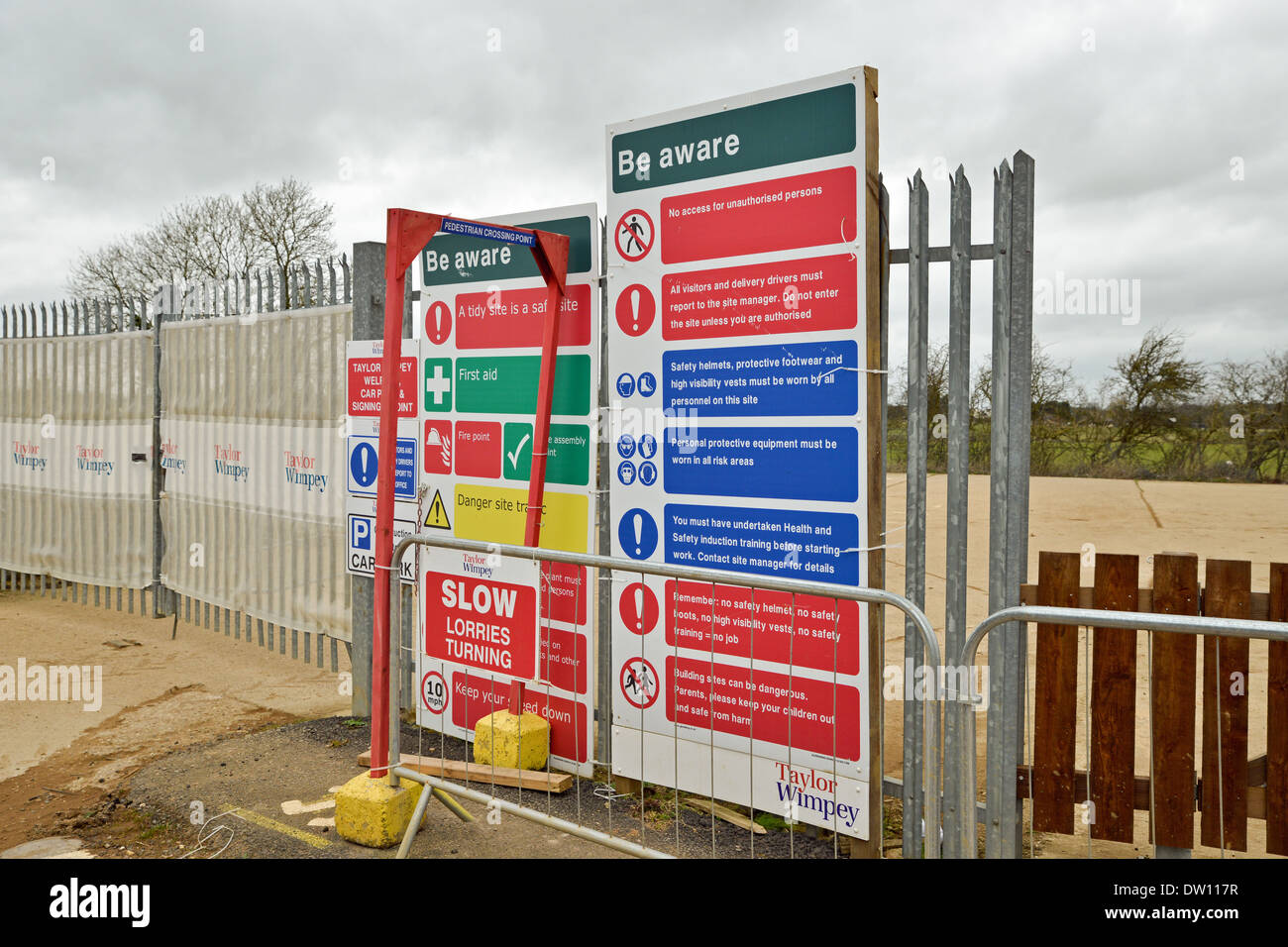 Health and Safety Warning signs on construction site Stock Photo