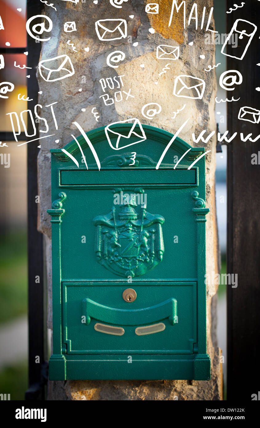 Postbox with white hand drawn mail icons Stock Photo Alamy
