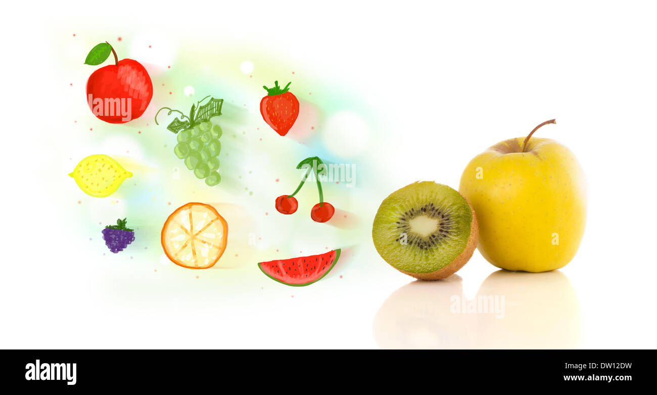 Colorful fruits with hand drawn illustrated fruits Stock Photo - Alamy