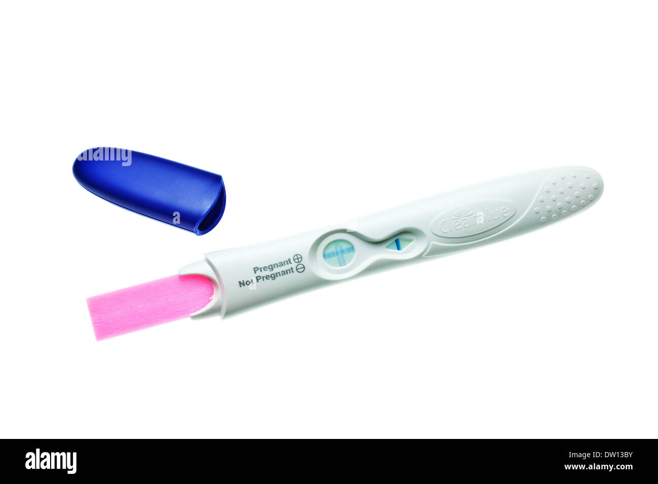 Home Pregnancy testing kit showing a positive result on a white background Stock Photo