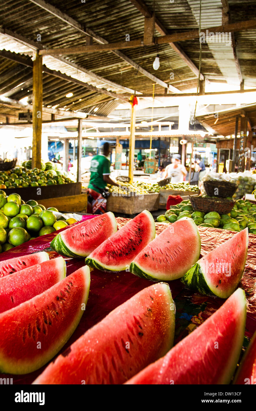 Watermelons for sale at Feira do Malhado public market. Ilheus, Bahia, Brazil. Stock Photo