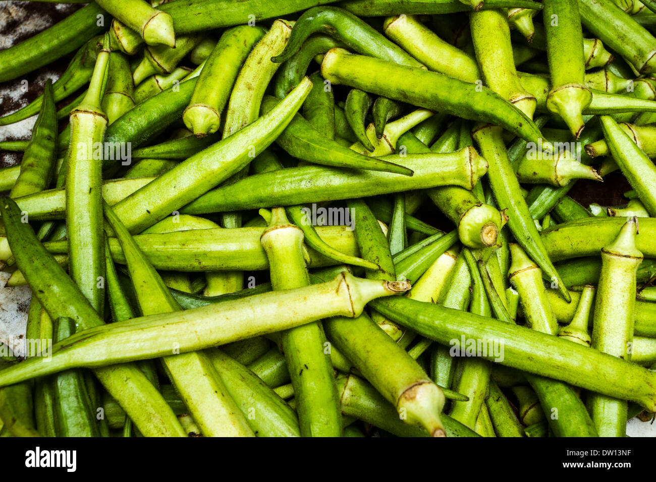 Okra (Abelmoschus esculentus) for sale at a public market known as Feira do Malhado. Ilheus, Bahia, Brazil. Stock Photo