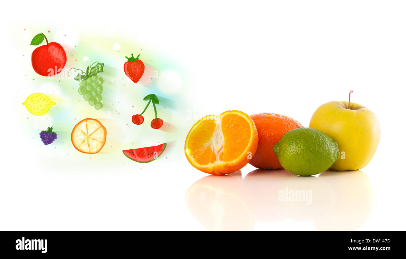 Colorful fruits with hand drawn illustrated fruits Stock Photo - Alamy