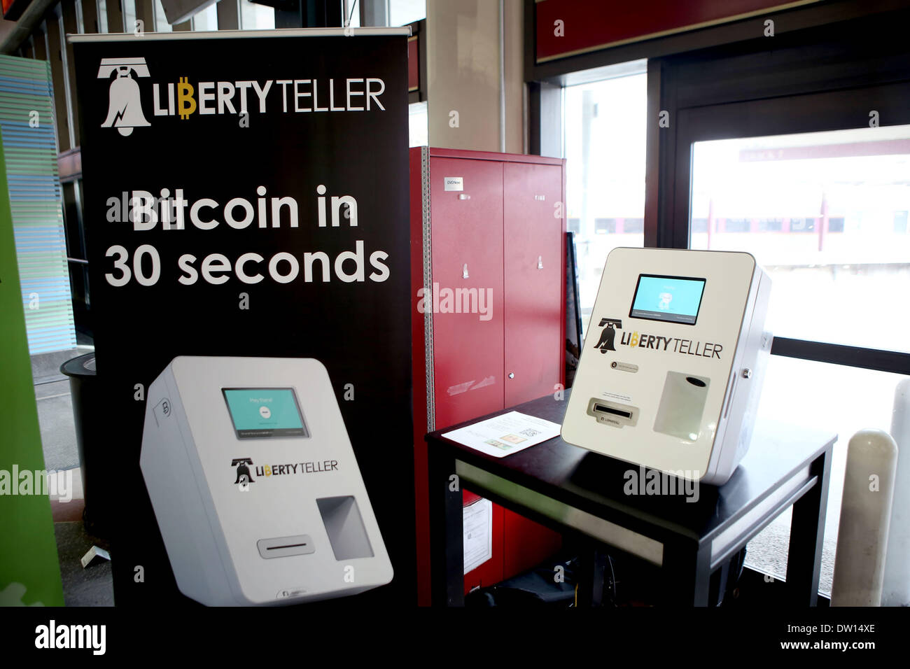 Boston, Massachusetts, USA. 25th Feb, 2014. Liberty Teller launches a  Bitcoin ATM at South Station train station in Boston, Massachusetts. One of  the first of its kind in the United States the