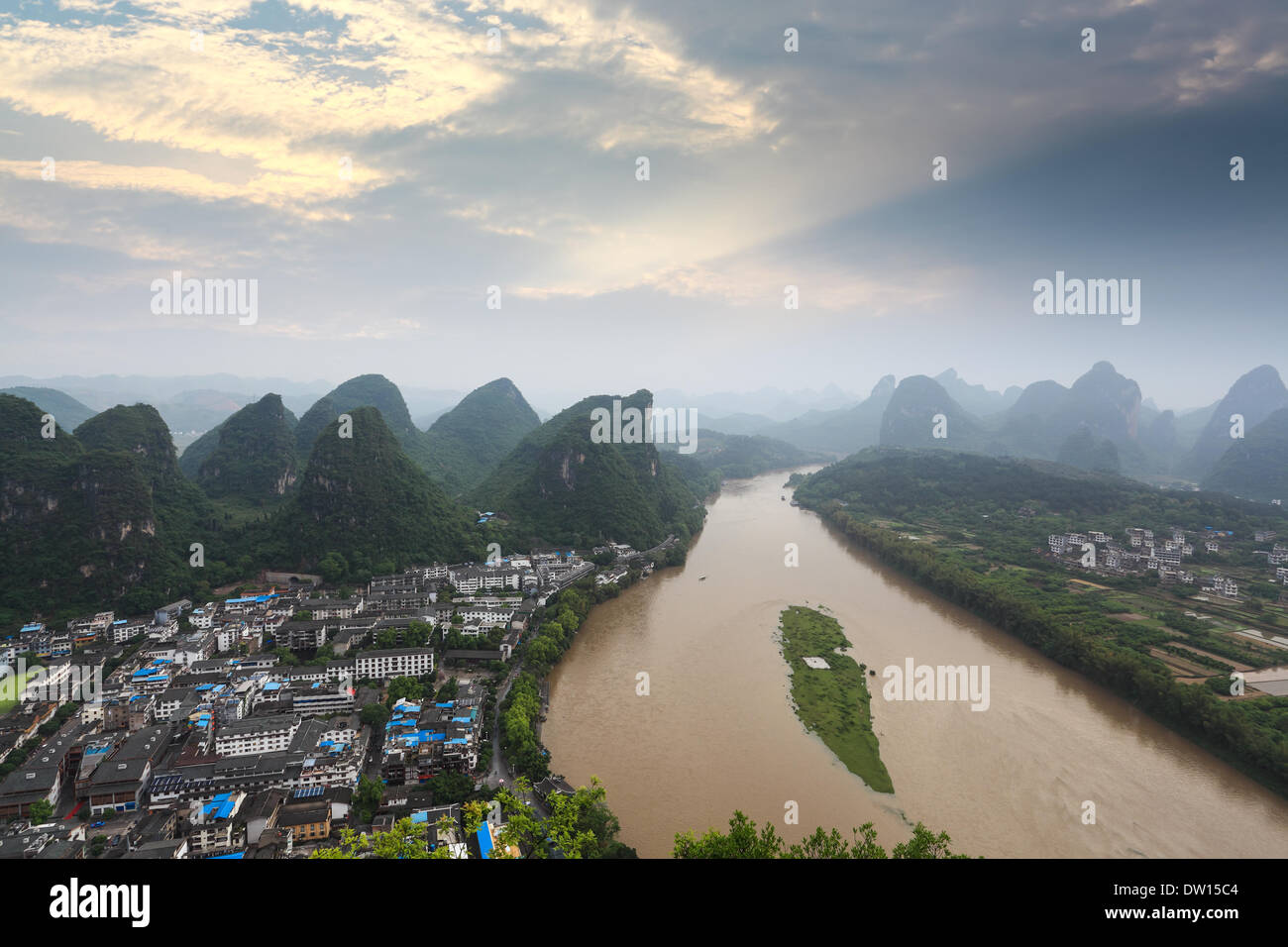 karst landform and lijiang river at sunrise Stock Photo