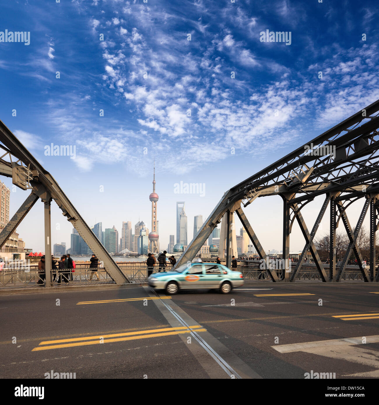 shanghai garden bridge with pudong skyline Stock Photo