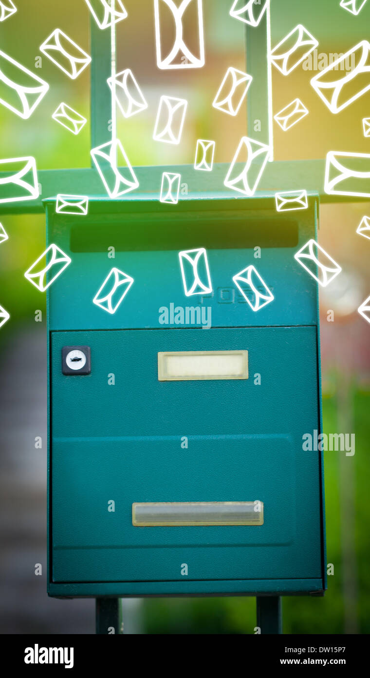 Mailbox with letter icons on glowing green background Stock Photo - Alamy