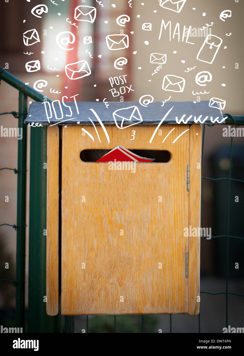 Postbox with white hand drawn mail icons Stock Photo - Alamy
