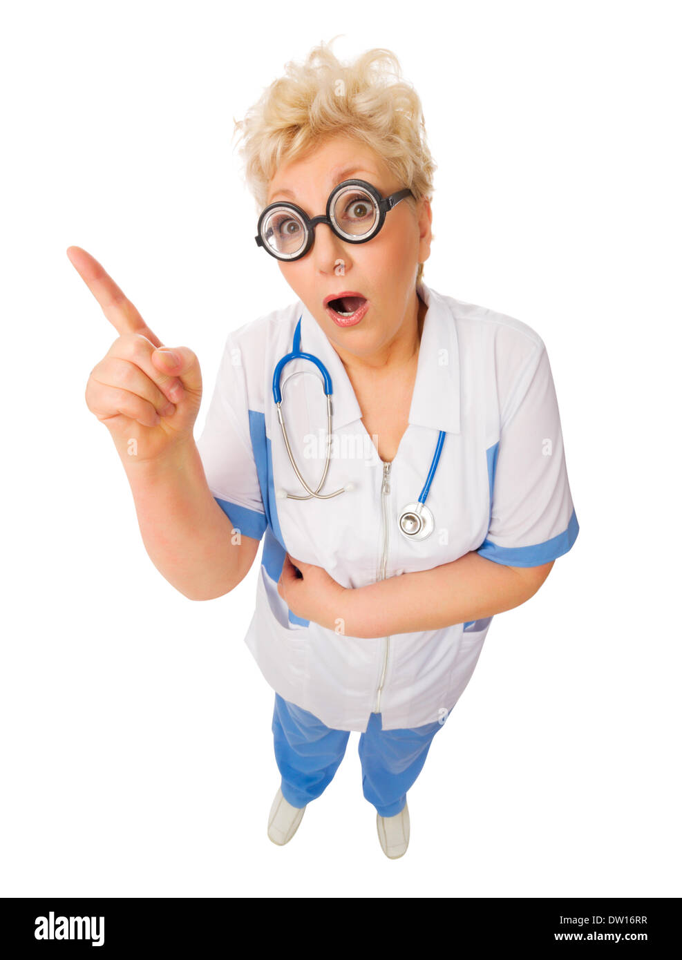 Funny mature doctor in nerd glasses isolated Stock Photo