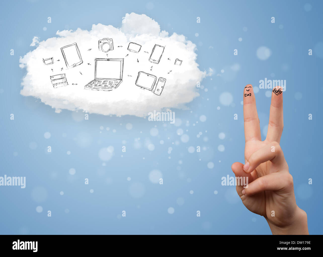 Happy smiley fingers looking at cloud computing with technology icons ...