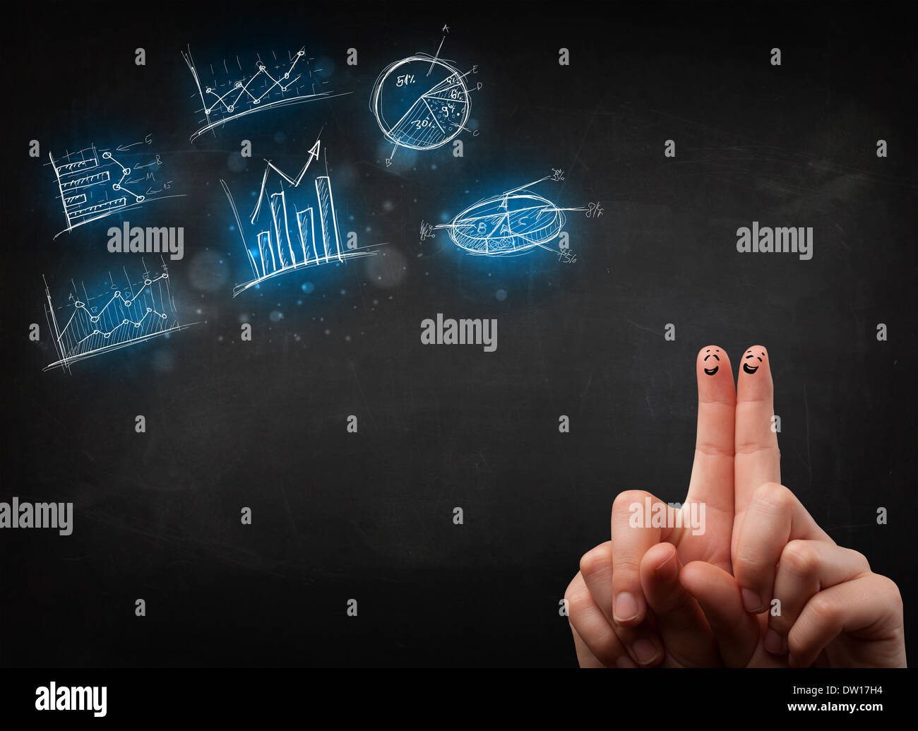 Happy finger smileys with blue chart icons and symbols Stock Photo - Alamy
