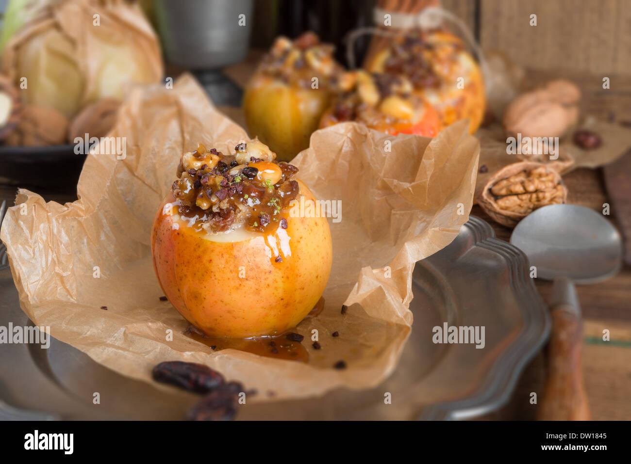 Apple with nut caramel filling Stock Photo