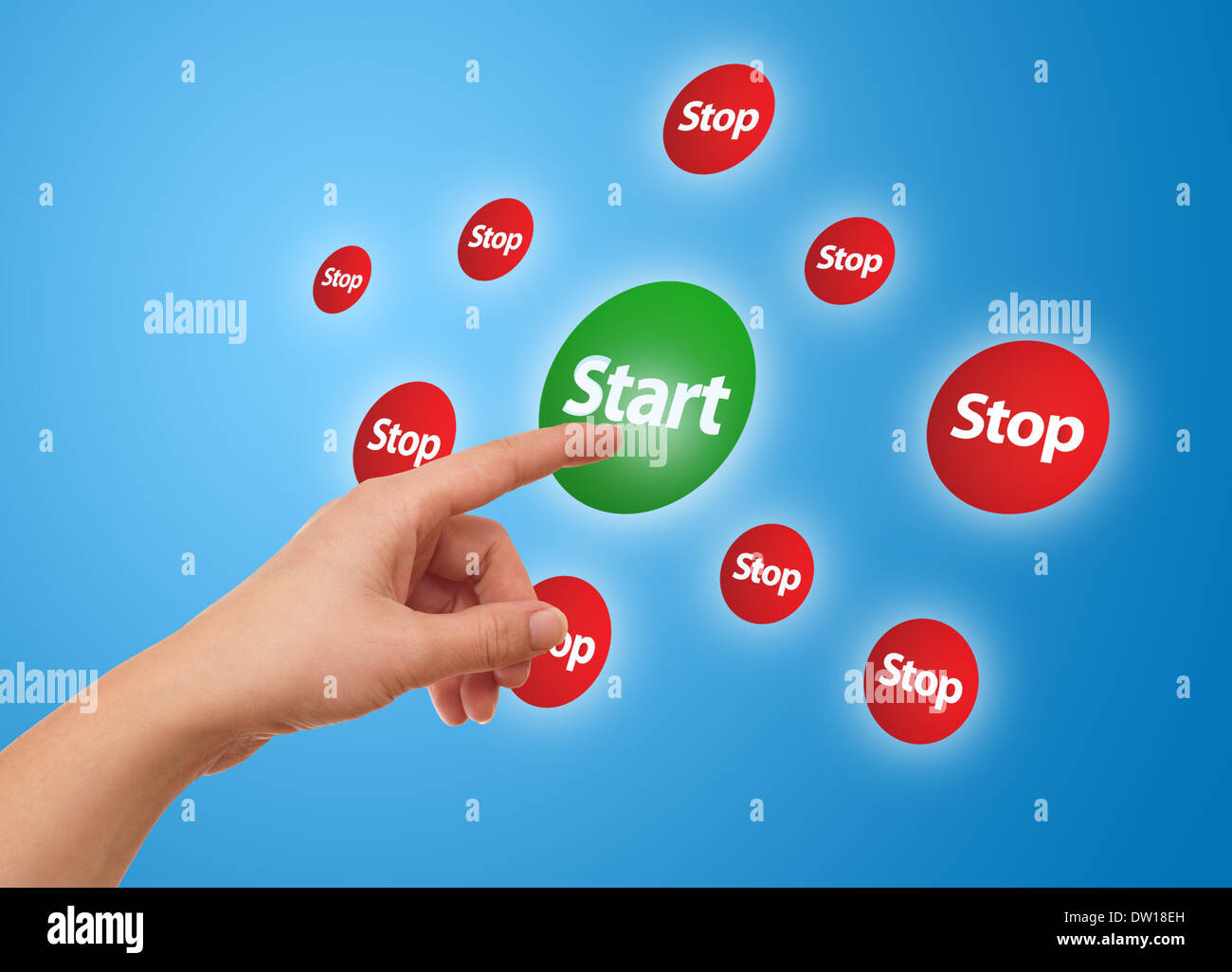 hand pressing Start button Stock Photo Alamy