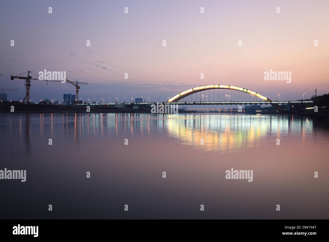 beautiful arch highway bridge at night Stock Photo